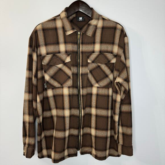 G59 Records g59 Zip up Embroidered Flannel Brown Shirt Grunge Men's L - Picture 1 of 12